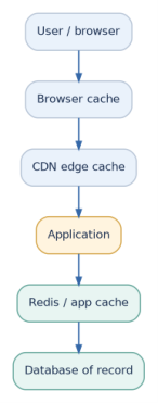 Figure 2: Copies can exist at the browser, CDN, application, cache service and database layers.