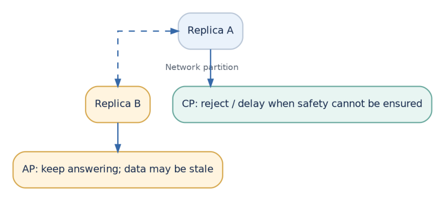 Figure 2: During a network partition, a system must decide whether to refuse or delay some operations or continue answering with possibly stale data.