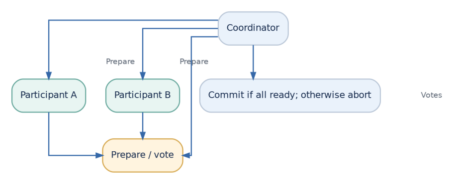 Figure 8: The coordinator asks participants to prepare, then commits if all can proceed; otherwise it aborts.