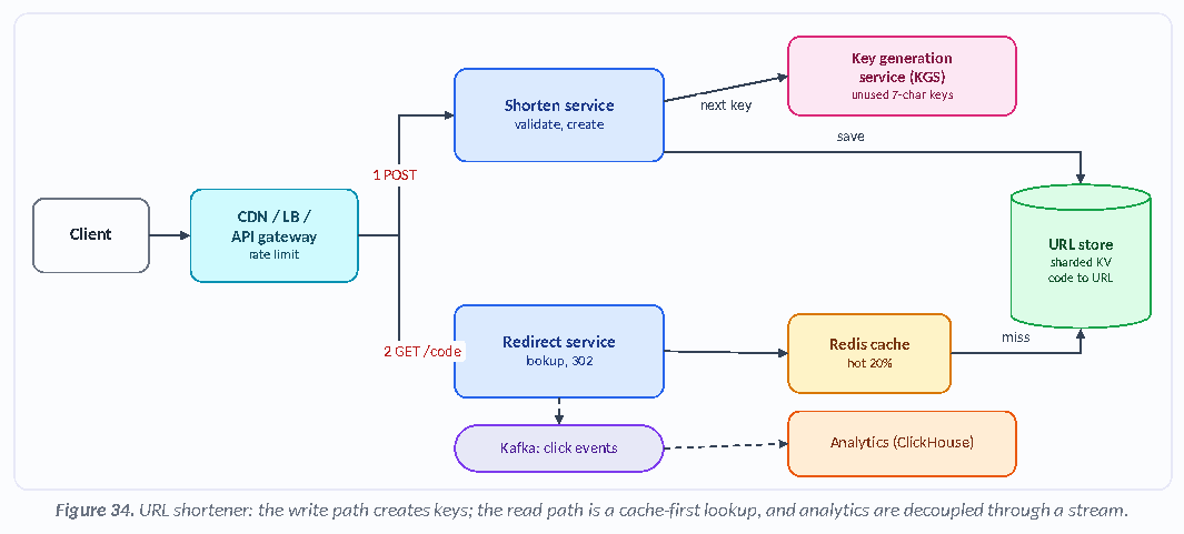 Figure 34: URL shortener: the write path creates keys; the read path is a cache-first lookup, and analytics are decoupled through a stream.