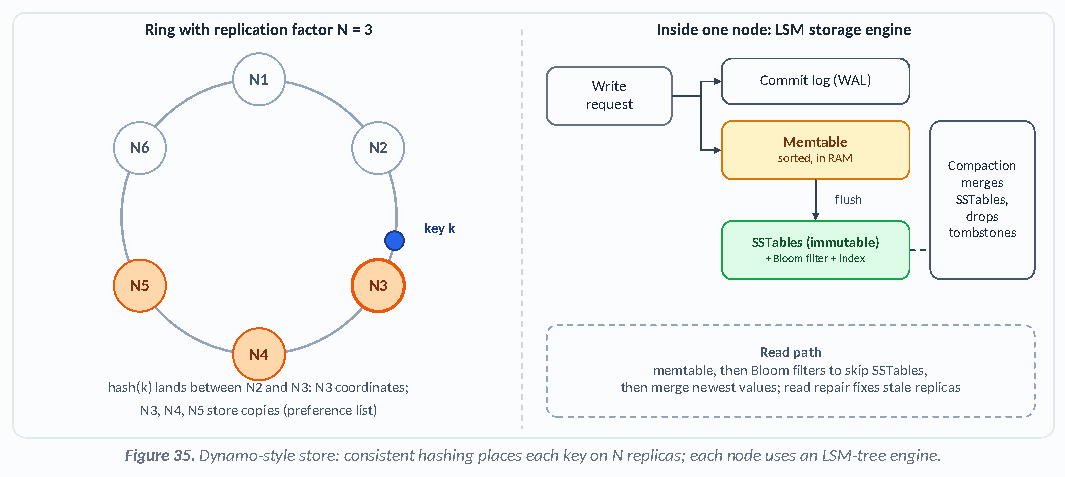 Figure 35: Dynamo-style store: consistent hashing places each key on N replicas; each node uses an LSM-tree engine.
