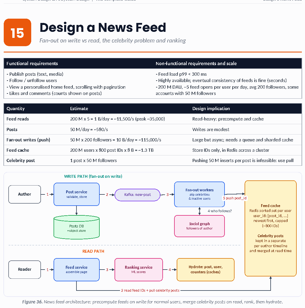 Figure 36: News feed architecture: precompute feeds on write for normal users, merge celebrity posts on read, rank, then hydrate.