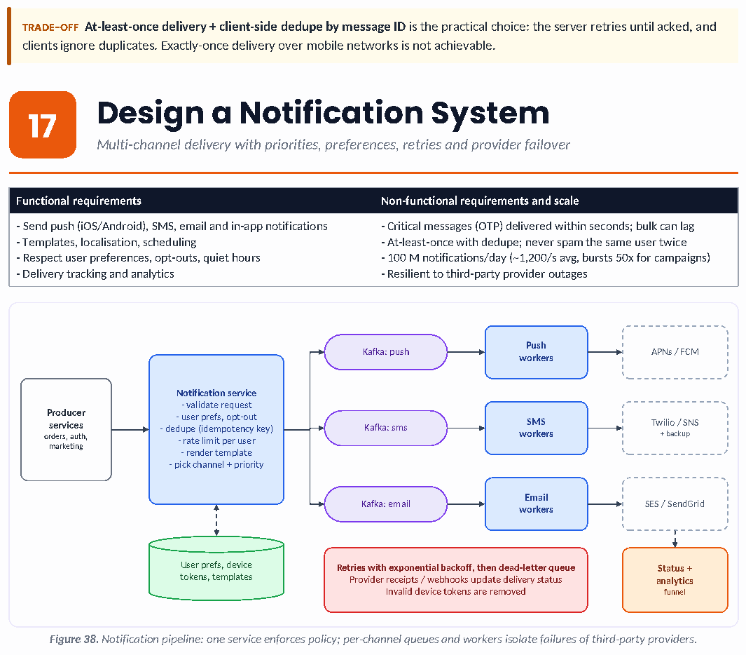 Figure 38: Notification pipeline: one service enforces policy; per-channel queues and workers isolate failures of third-party providers.