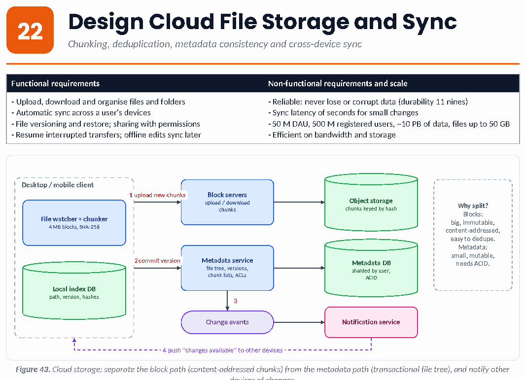 Figure 43: Cloud storage: separate the block path (content-addressed chunks) from the metadata path (transactional file tree), and notify other devices of changes.