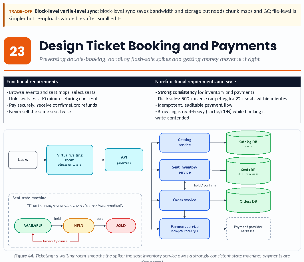 Figure 44: Ticketing: a waiting room smooths the spike; the seat inventory service owns a strongly consistent state machine; payments are idempotent.