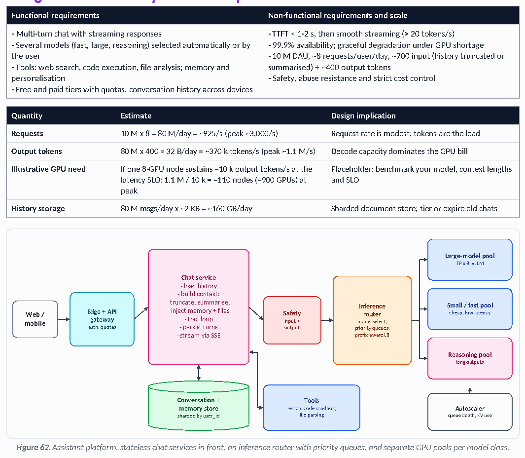 Figure 62: Assistant platform: stateless chat services in front, an inference router with priority queues, and separate GPU pools per model class.