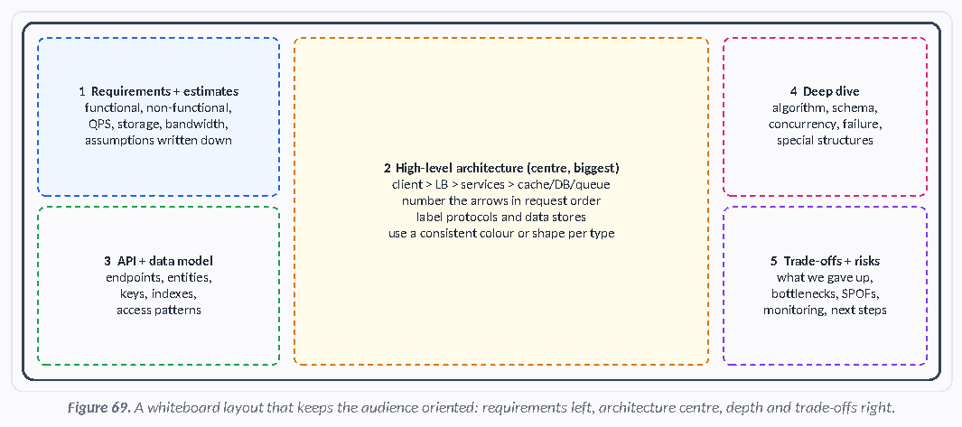 Figure 69: A whiteboard layout that keeps the audience oriented: requirements left, architecture centre, depth and trade-offs right.